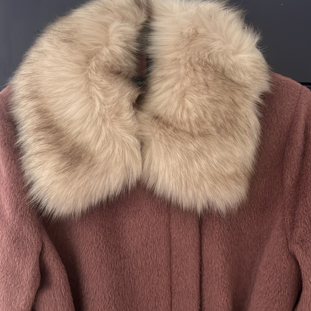 Cole HAAN Faux-Fur COLLAR Wool Blend Belted WRAP Coat Burgundy Size 12 - Picture 2 of 7